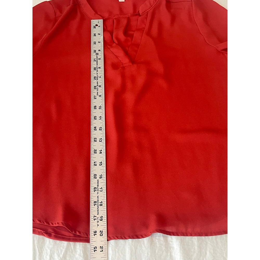 00748 Pink Rose Orange Roll Tab Sleeve V Neck High Low Blouse‎ Women Medium - Picture 5 of 8